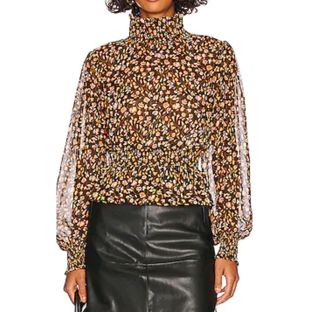 Mink Pink Mira Shirred multi color Floral smocked neck & waist size Large NWT